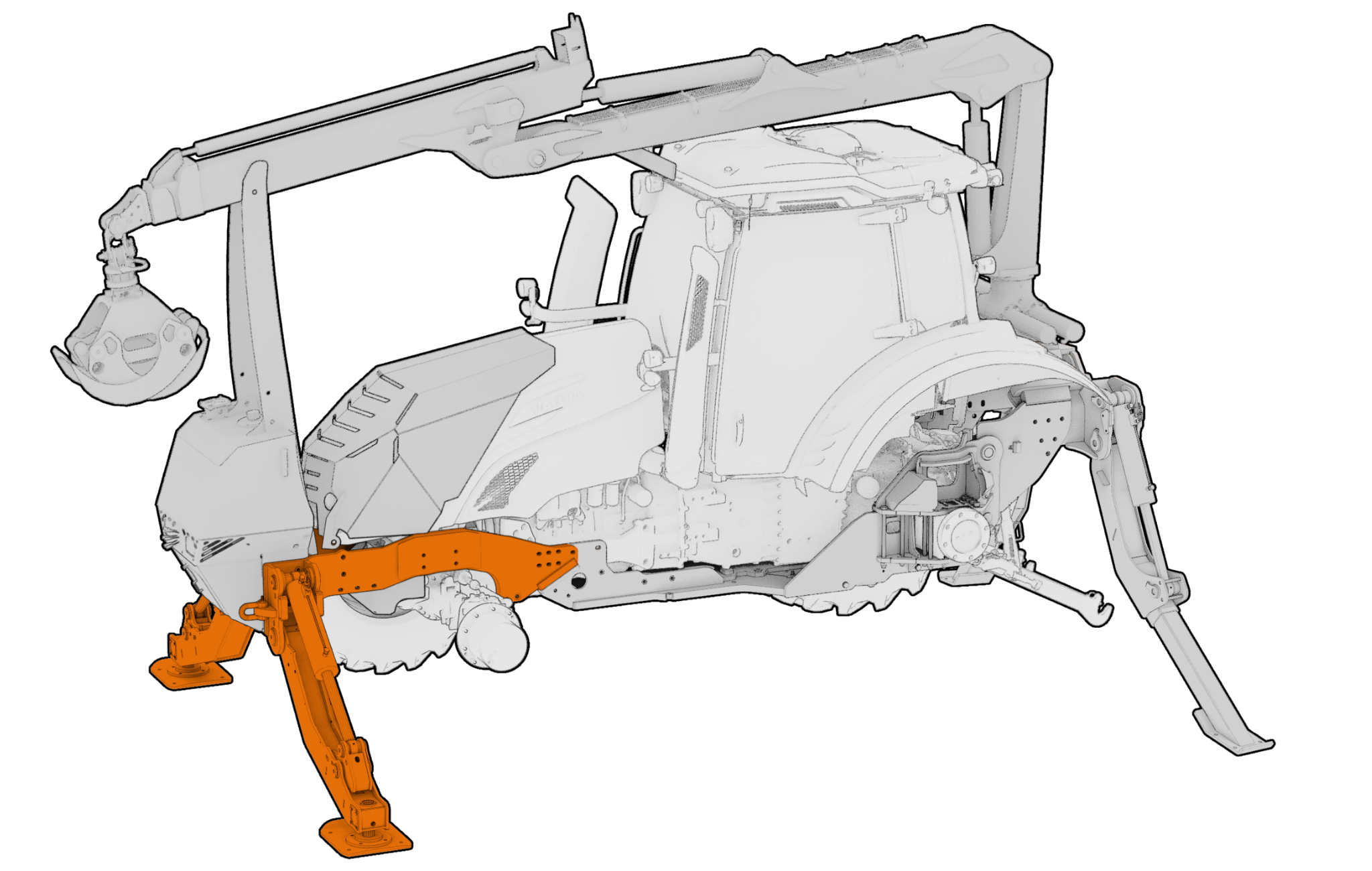 JAKE Front support legs on the tractor, highlighted.