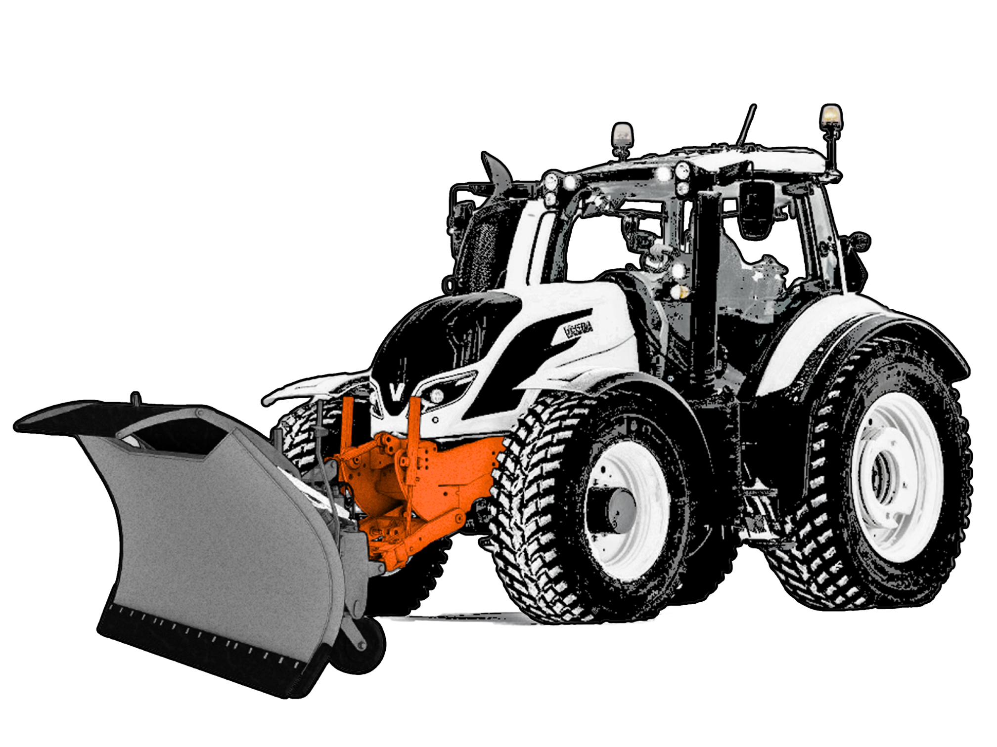 JAKE Front-mounted implement on a tractor with a bulldozer blade.